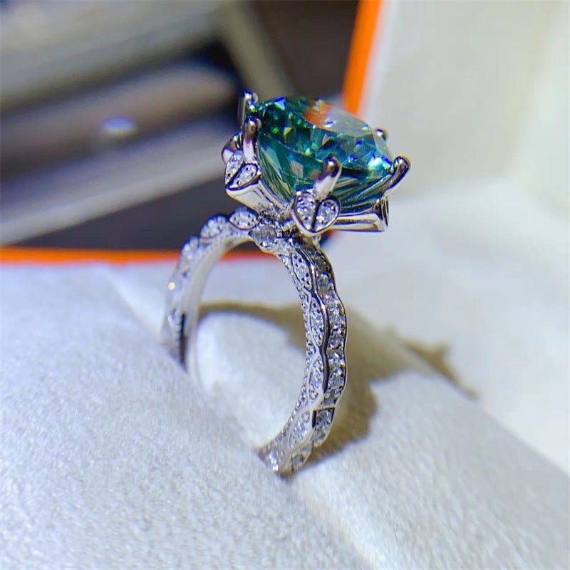 5 Carat Green Moissanite Ring for Women, Geometric U Shape Halo Engagement Ring – view 3
