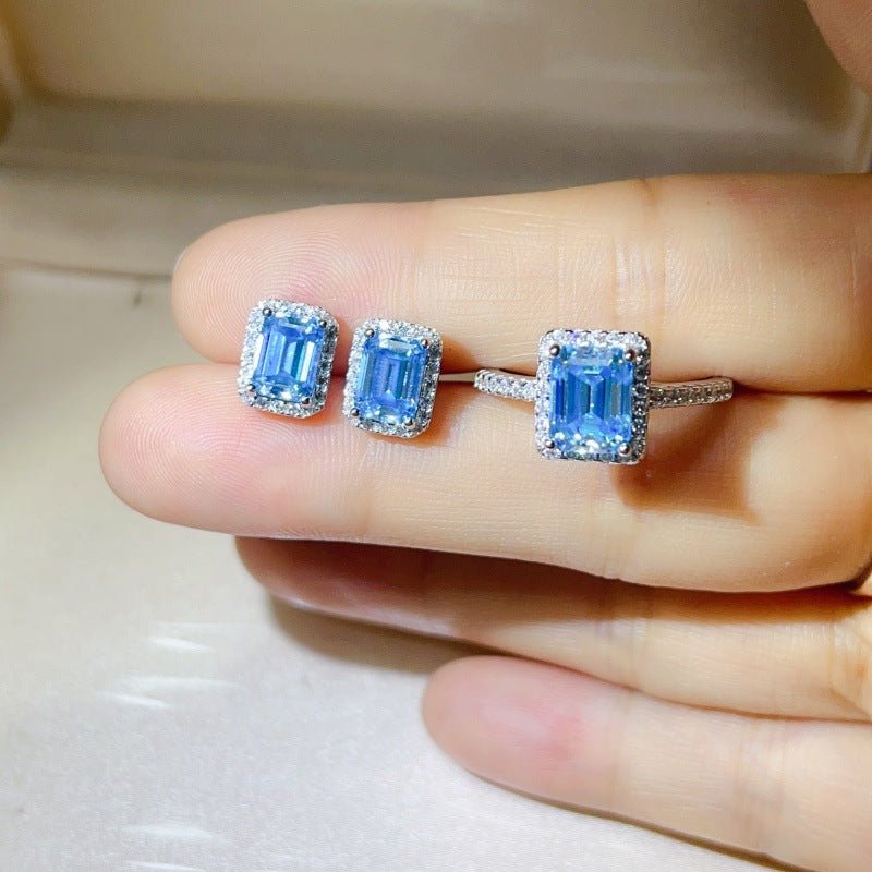 Blue Emerald-Cut Moissanite Ring and Stud Earrings Set, Halo Jewelry Set for Women – view 3