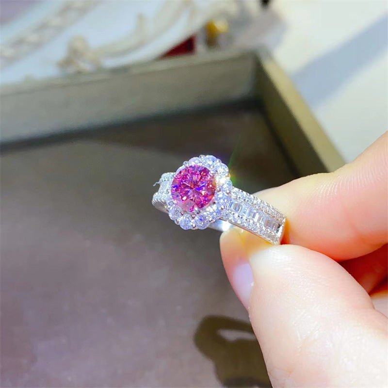 Pink Moissanite Halo Ring for Women, Geometric Pavé Band Statement Ring – view 3