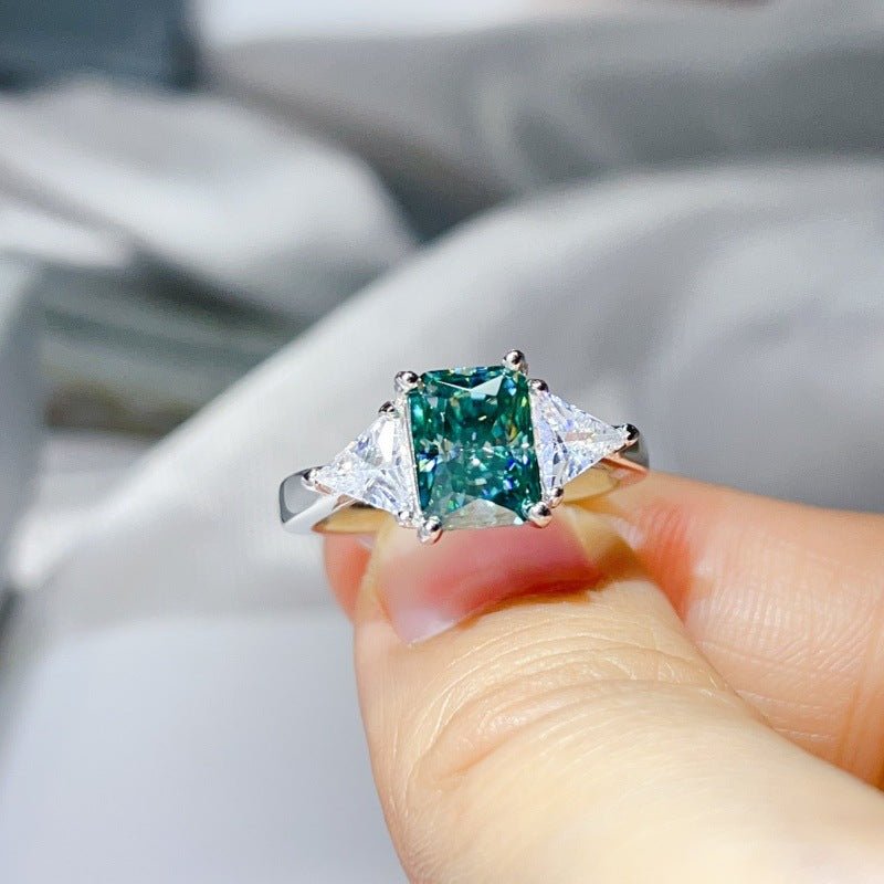 Green Moissanite Geometric Ring with Triangle Side Stones for Women – view 3