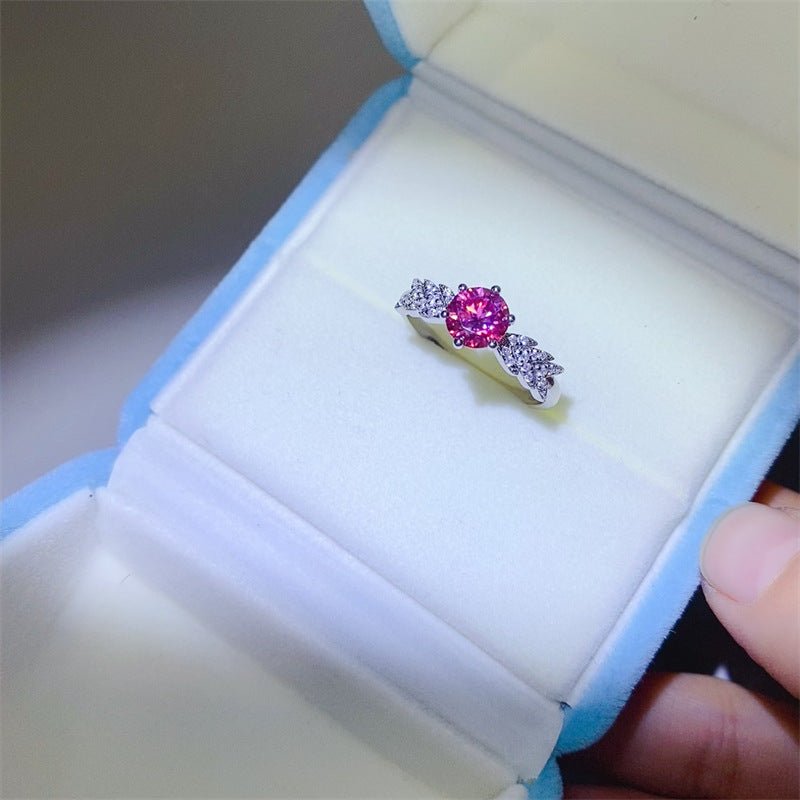 Pink Moissanite Ring for Women, Round Cut Promise Engagement Ring with Lucky Motif Side Detail – view 3