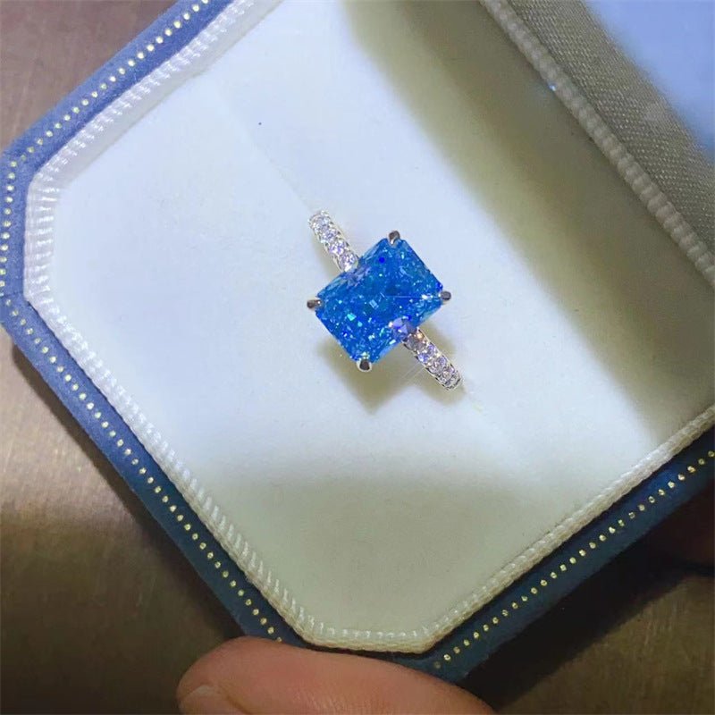 Blue Radiant Cut Moissanite Ring for Women, Micro Pave Engagement Ring, Rectangular Solitaire Promise Ring – view 3