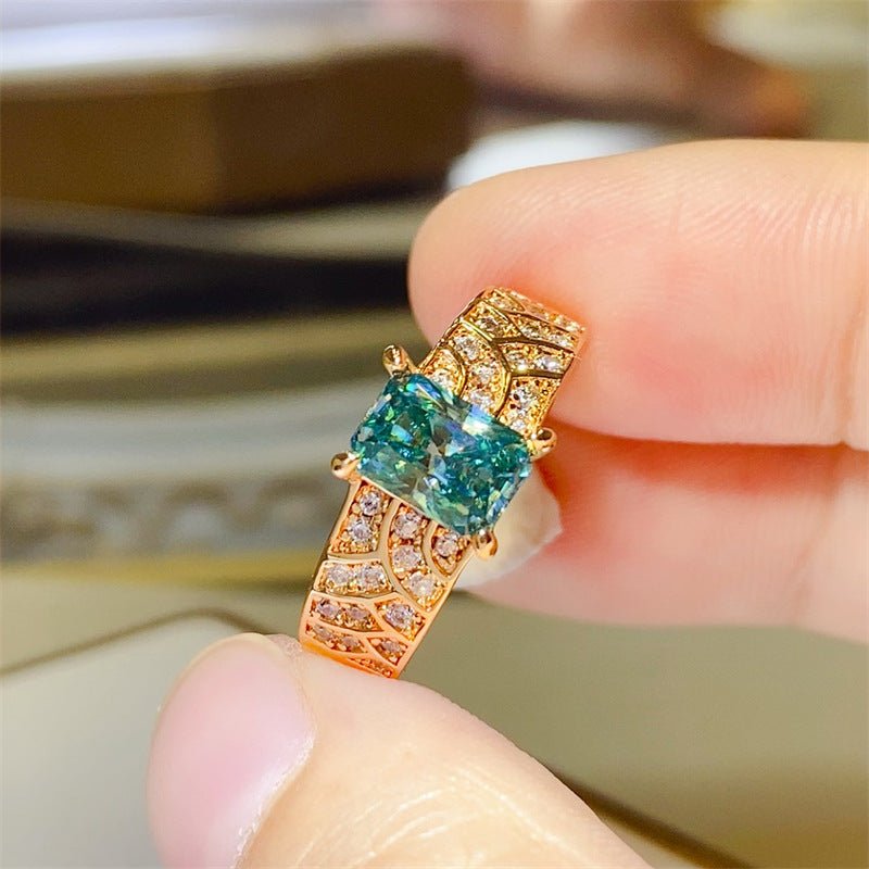 Emerald Green Moissanite Ring for Women, Rectangular Floral Halo Style Ring, Rose Gold Tone, 1 Carat Look, Sizes 8-20 – view 3