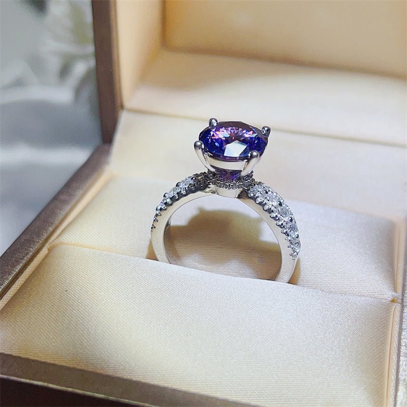 Purple Moissanite Ring for Women, Round Cut Engagement Ring with Pavé Band – view 3