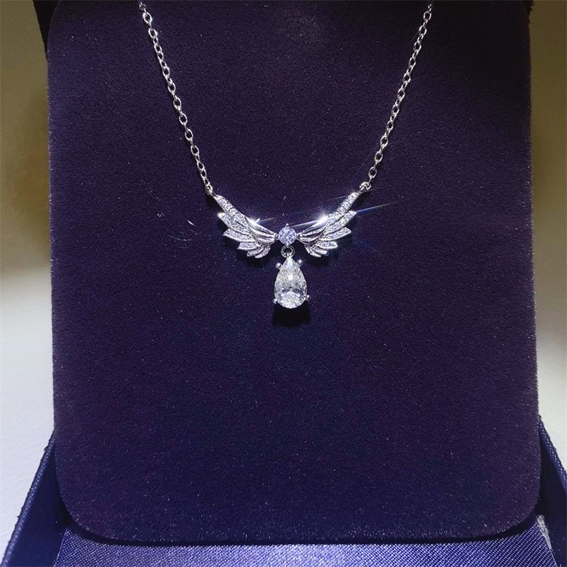 VVS Moissanite Angel Wing Pendant Necklace with 1 Carat Drop Stone – view 3