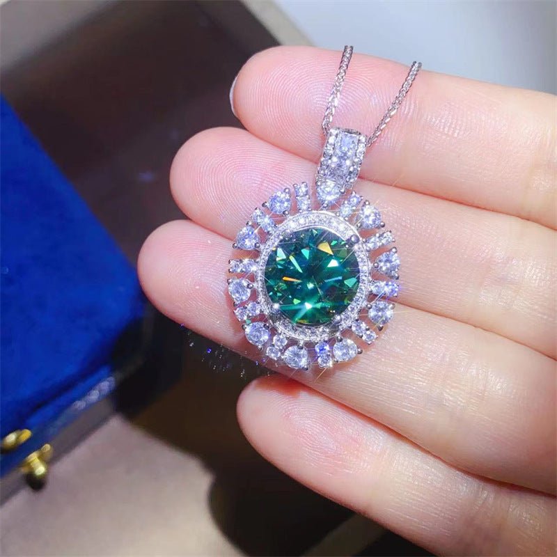 Green Moissanite Halo Pendant Necklace with Chain, 5 Carat Oval Sunburst Drop Necklace for Women – view 3