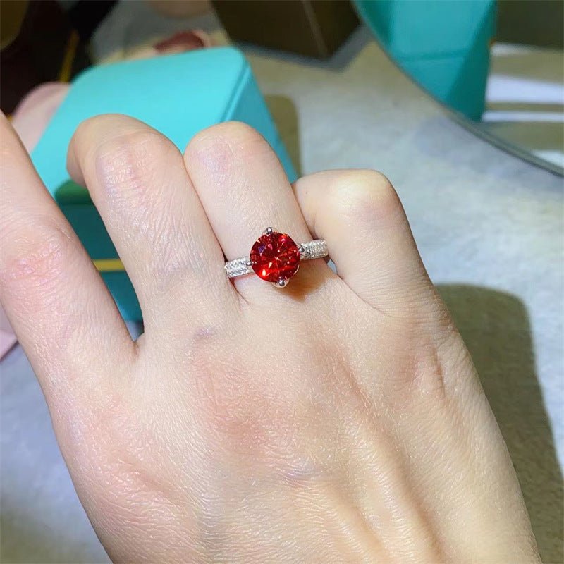 2 Carat Pigeon Blood Red Moissanite Ring with Pavé Band for Women – view 3