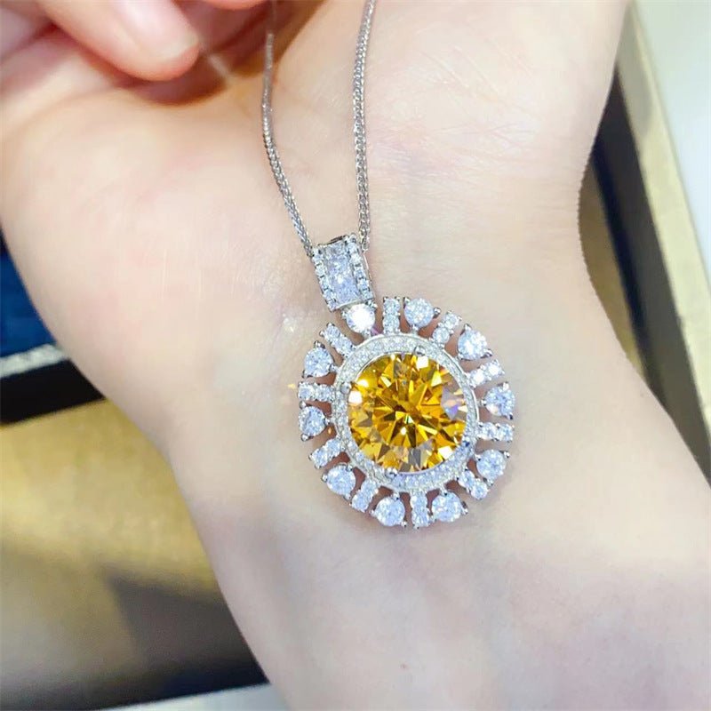 Yellow Moissanite Sunburst Pendant Necklace with Halo Accent Chain – view 3