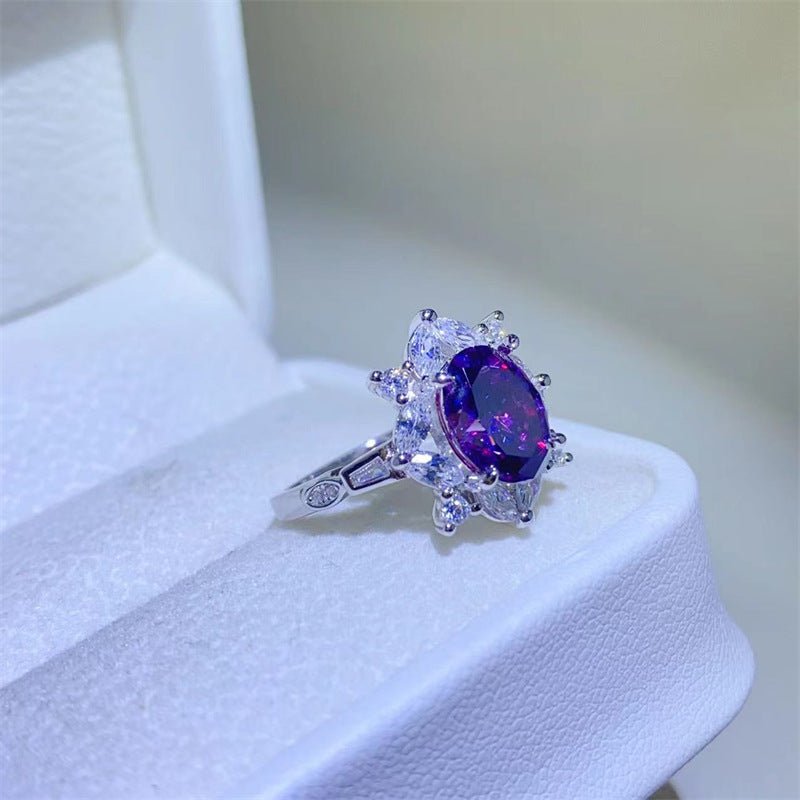 Purple Oval Moissanite Ring for Women, 2 Carat Halo Engagement Ring, U-Shaped Statement Ring – view 3