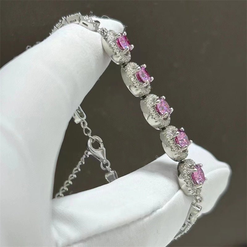 Pink VVS1 Moissanite Tennis Bracelet for Women, White-Tone Halo Link Bracelet – view 3