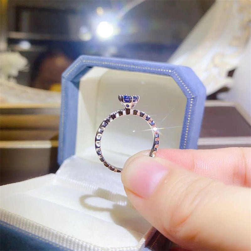 Blue Moissanite Ring for Women, U-Shaped Band Solitaire Engagement Ring – view 3