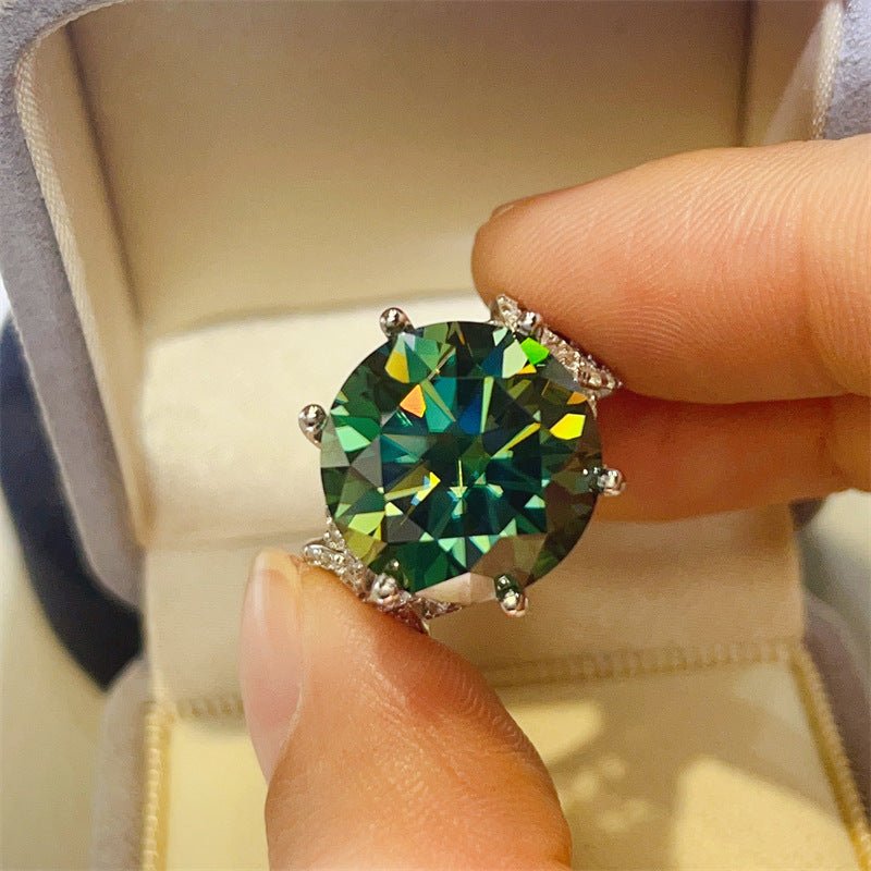 10 Carat Green Moissanite Ring for Women, Round Cut Engagement Ring with Side Accents – view 3