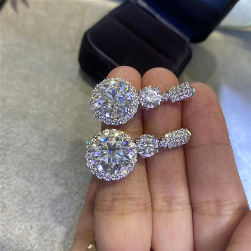 Moissanite Round Halo Drop Earrings, Silver-Tone Dangle Studs with Pavé Top – view 3