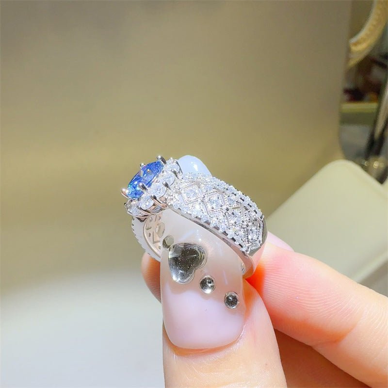 Blue Moissanite Halo Ring for Women, 1 Carat Oval Statement Engagement Ring, Geometric Pave Band – view 3