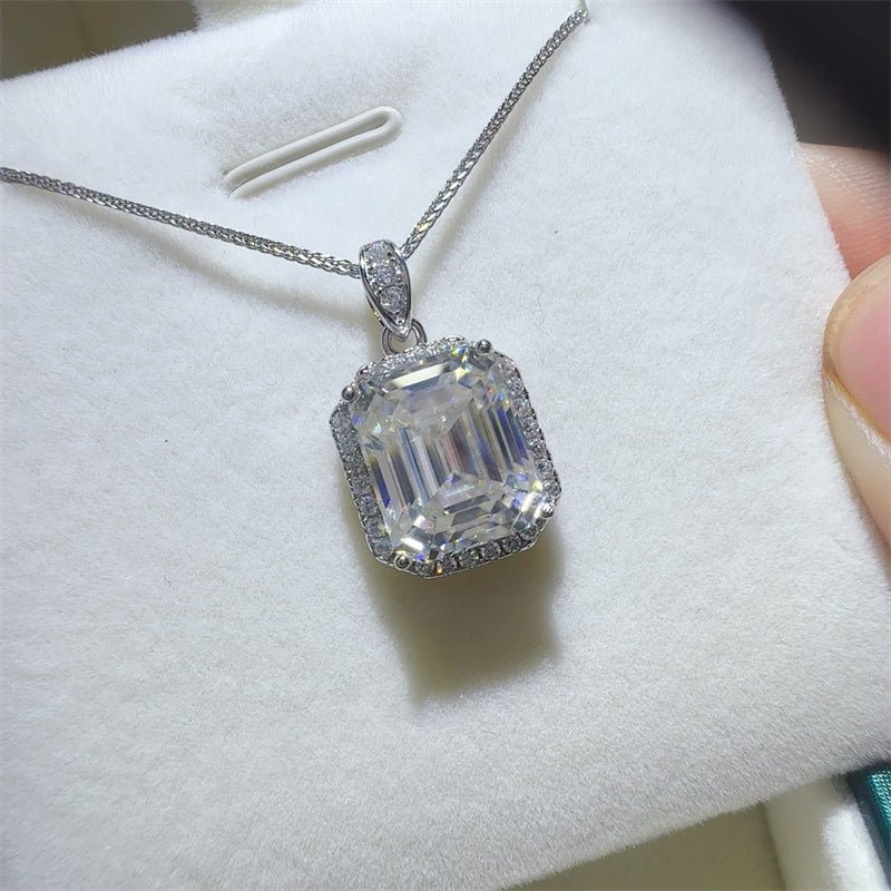 Emerald Cut Clear Stone Pendant Necklace with Pave Halo Chain Included – view 3