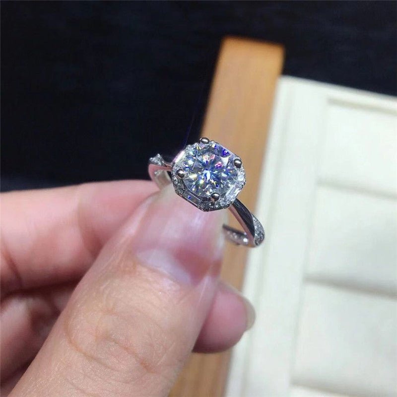 Moissanite Engagement Ring for Women, 18K White Gold Look Solitaire Halo Ring, 1ct 1.5ct 2ct 3ct Proposal Ring – view 3