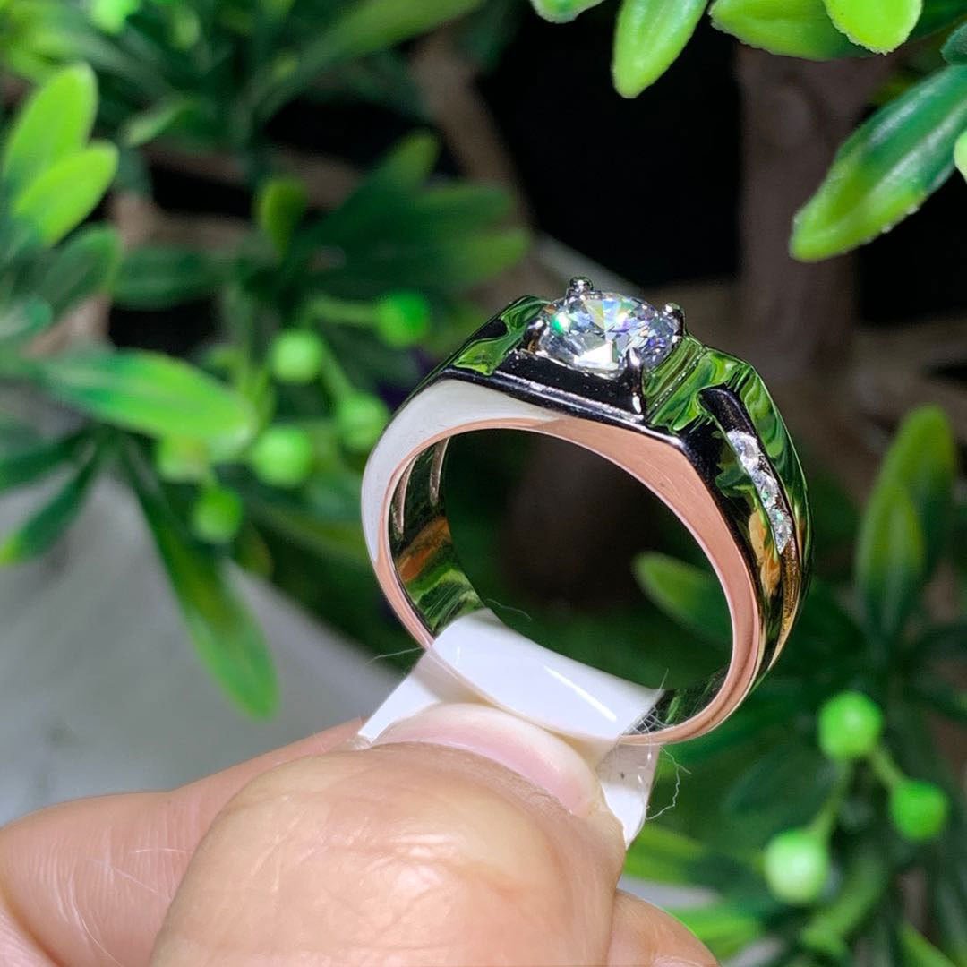 Moissanite Men's Ring, Round Solitaire Four-Prong Band – view 3