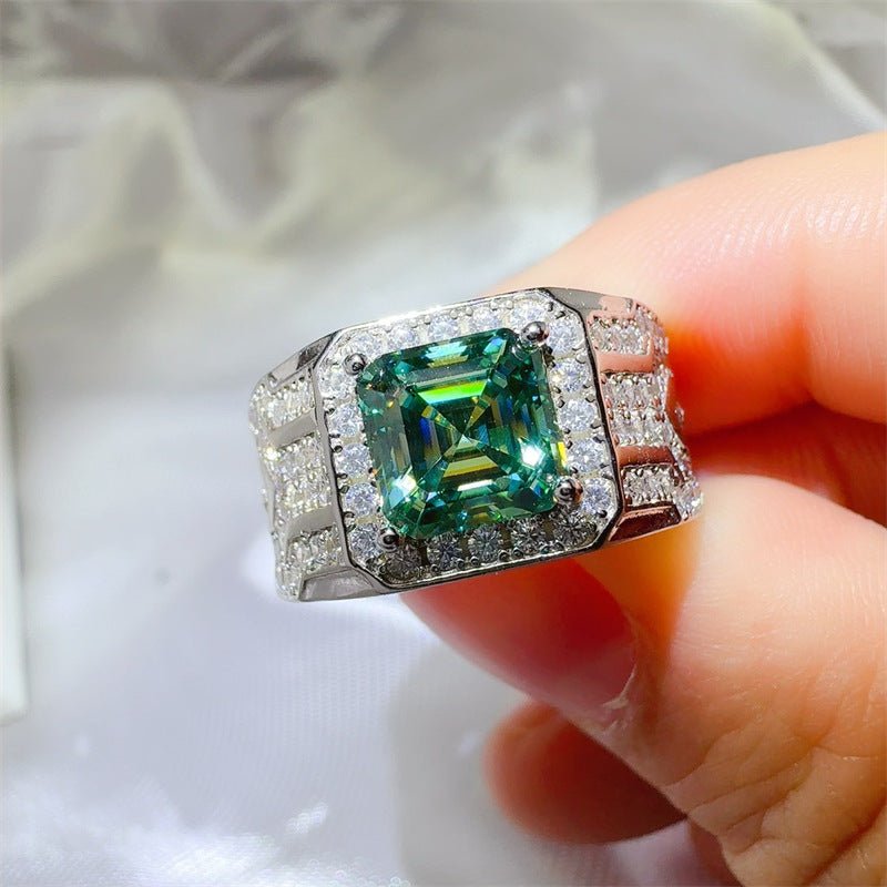 Green VVS1 Moissanite Ring with Halo Frame, Emerald-Cut Statement Wedding Ring – view 1
