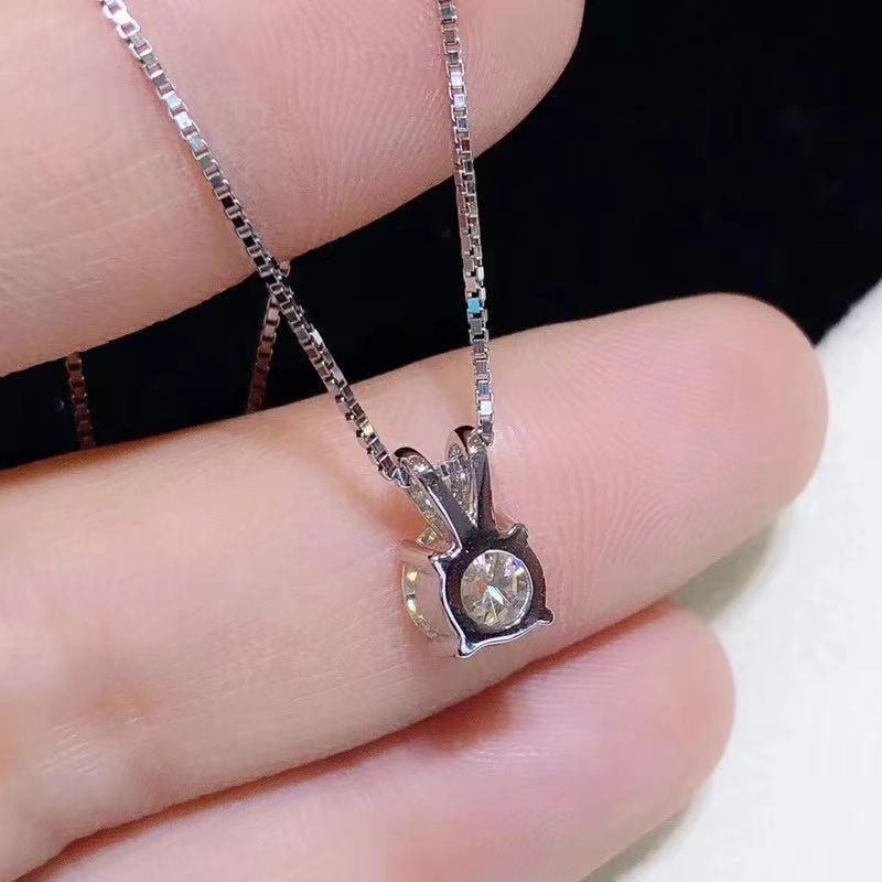 Moissanite Round Solitaire Pendant Necklace, Four-Prong, Silver-Tone Box Chain – view 3
