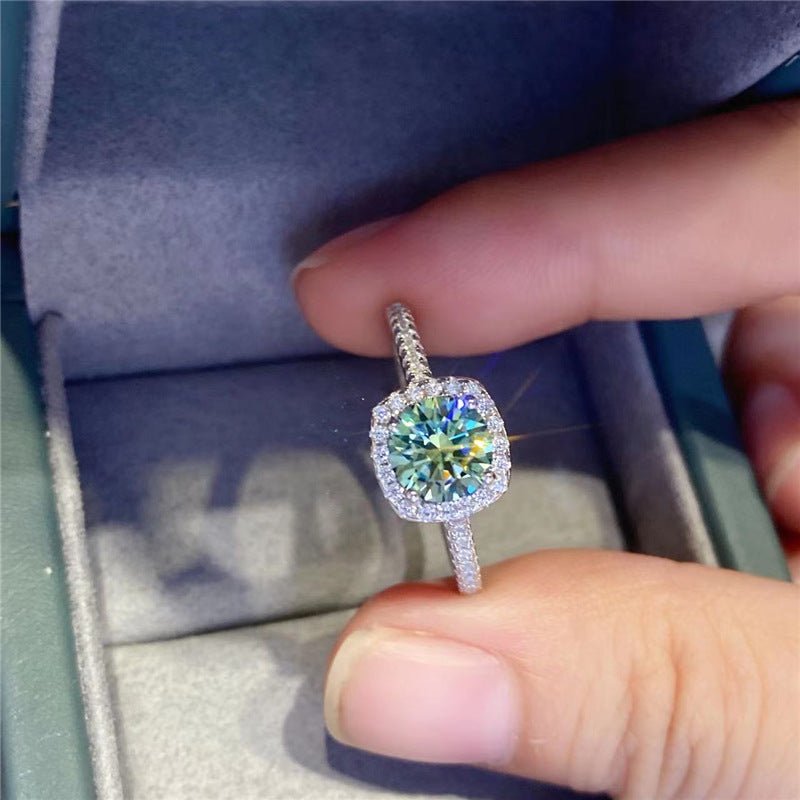 Green Moissanite Halo Ring for Women, Cushion Cut Solitaire Engagement Ring, Promise Ring, Available in 0.5 to 5 Carat Looks – view 3