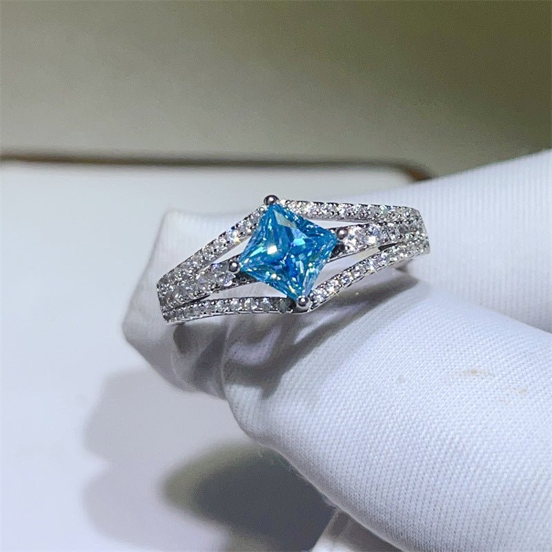 1 Carat Princess Cut Blue Moissanite Ring for Women, Split Shank Halo Style Engagement Ring – view 3