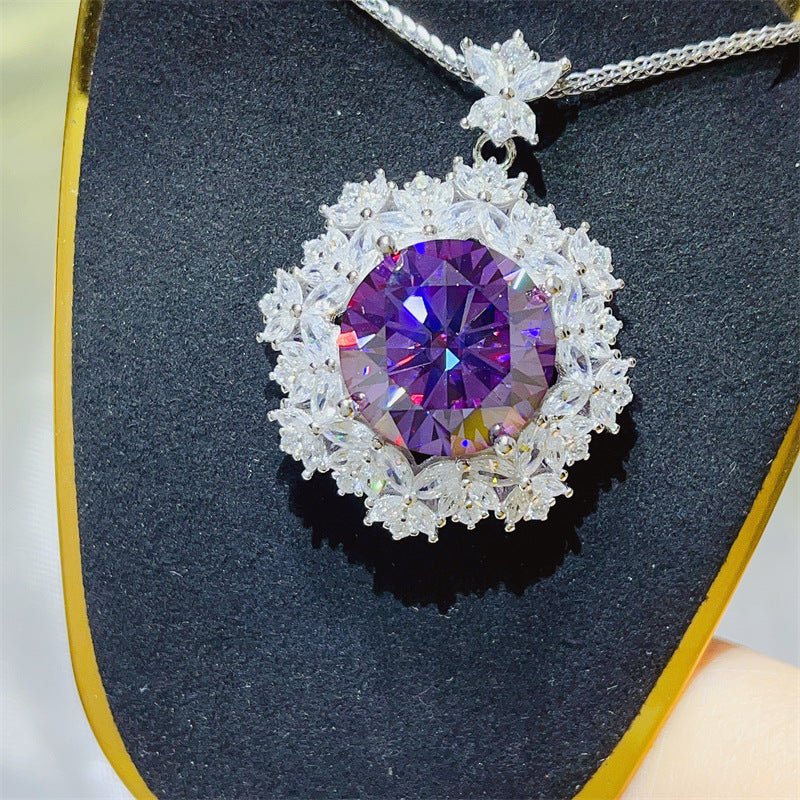 Moissanite Pendant Necklace with Purple Round Stone and Floral Halo Chain, 10 Carat Statement Necklace – view 3