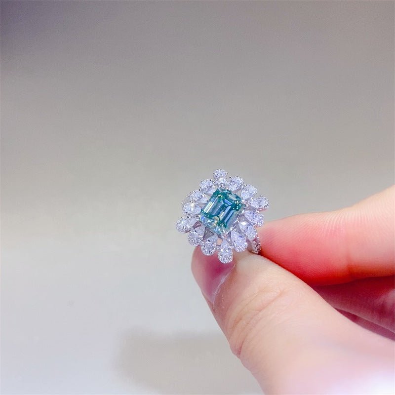 Green Emerald Cut Moissanite Halo Ring for Women, Geometric Statement Engagement Ring, 1 Carat 2 Carat 3 Carat – view 3