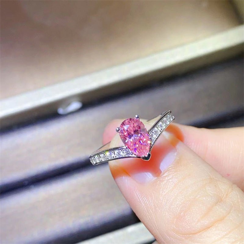 Pink Pear Shaped Moissanite Ring for Women, Micro Pavé U-Shaped Engagement Ring – view 3