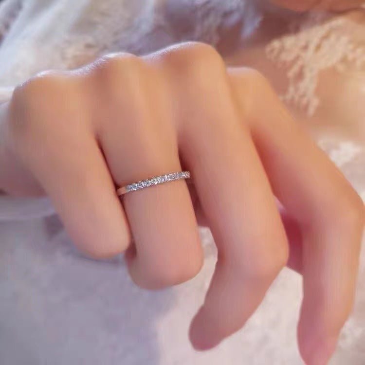 Moissanite Pave Band Ring for Women, Slim Stacking Ring in White Tone, Minimal Sparkle Promise Ring, Tail Ring, Sizes 9-19 – view 4