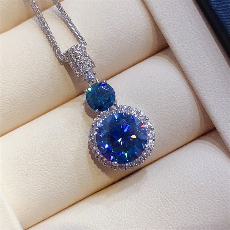 Blue Moissanite Halo Pendant Necklace Round Drop Clavicle Chain – view 4