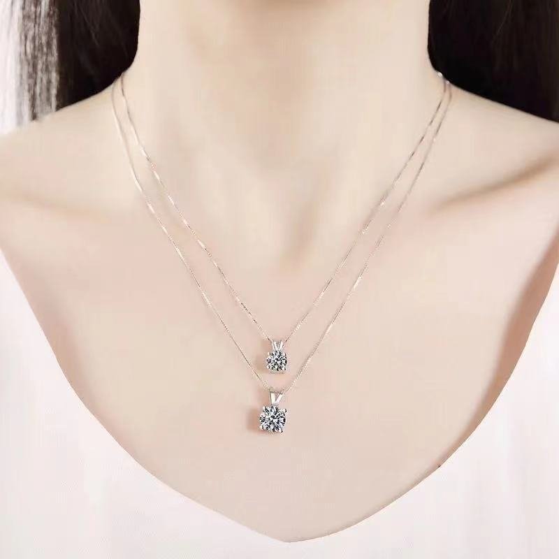 Moissanite Round Solitaire Pendant Necklace, Four-Prong, Silver-Tone Box Chain – view 4