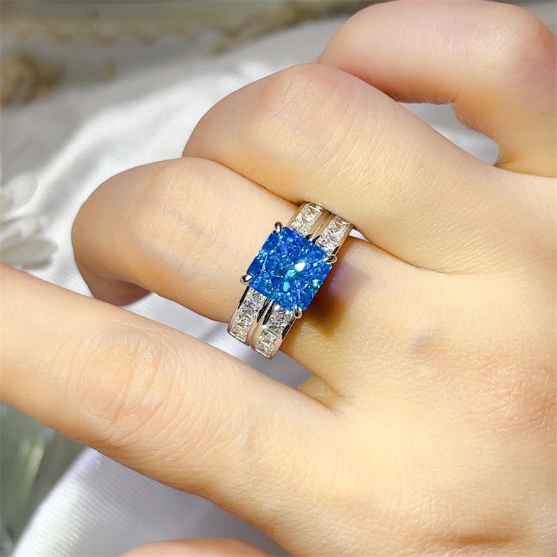 Blue Moissanite Ring with Wide Double Band Statement Ring – view 4