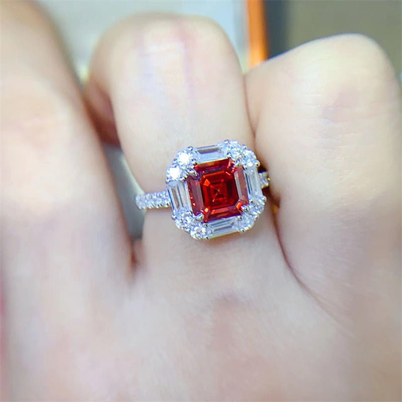 Red Asscher Cut Moissanite Pendant Necklace or Ring, Halo Pavé Jewelry Gift for Women – view 4
