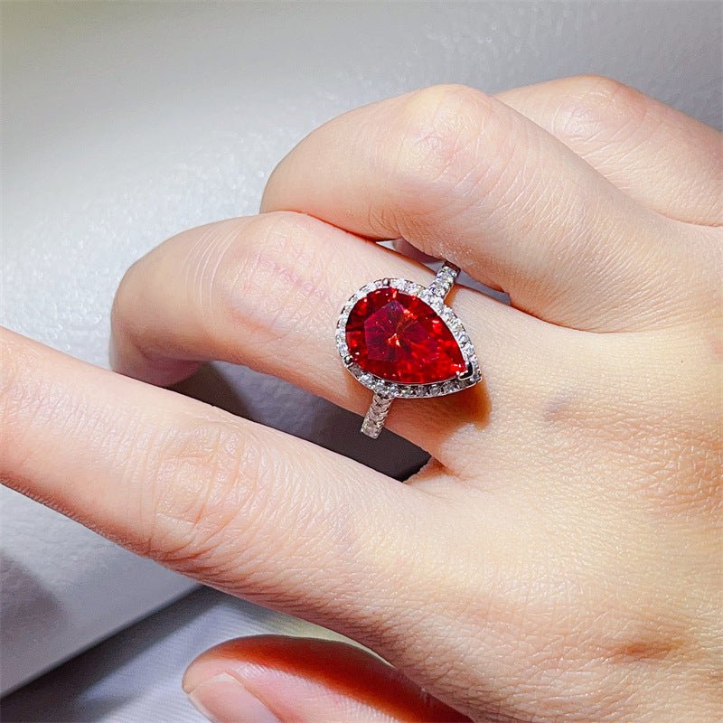 Red Pear Cut Moissanite Halo Ring for Women, Geometric Pavé Style, US Sizes 4-9 – view 4