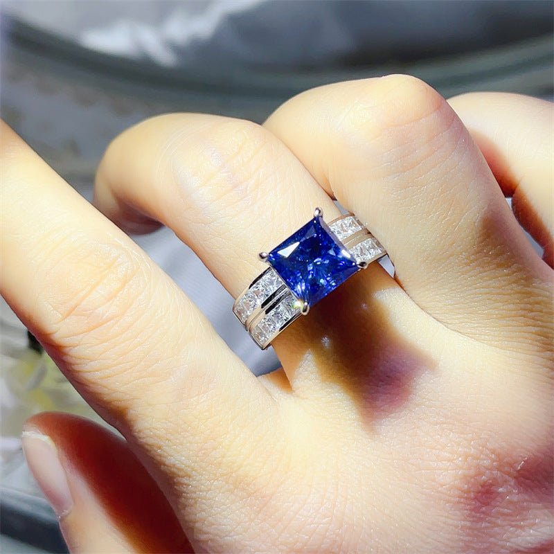 Blue 3 Carat Princess Cut Moissanite Ring Wide Band Pavé Style Ring – view 4