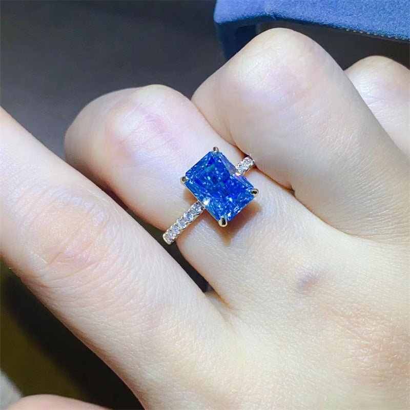 Blue Radiant Cut Moissanite Ring for Women, Micro Pave Engagement Ring, Rectangular Solitaire Promise Ring – view 4