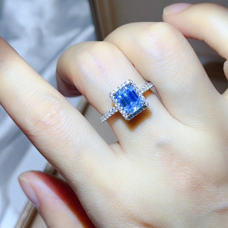 Blue Emerald-Cut Moissanite Ring and Stud Earrings Set, Halo Jewelry Set for Women – view 4