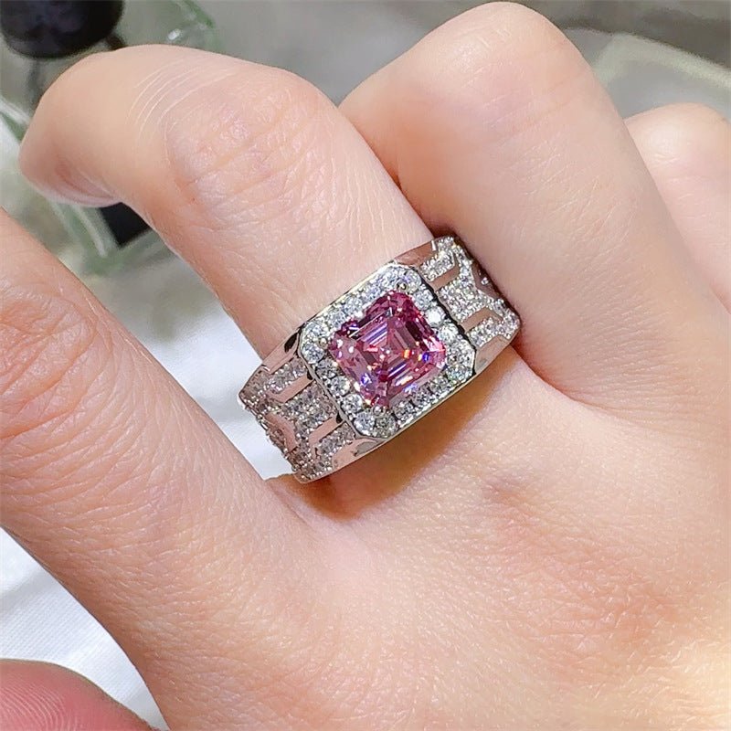 Pink Asscher Cut Moissanite Ring with Halo Pavé Band – view 4