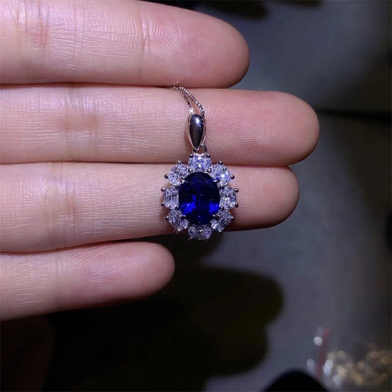 Blue Moissanite Jewelry Set, Oval Pendant Necklace, Stud Earrings & Ring, Matching Gift Set – view 4