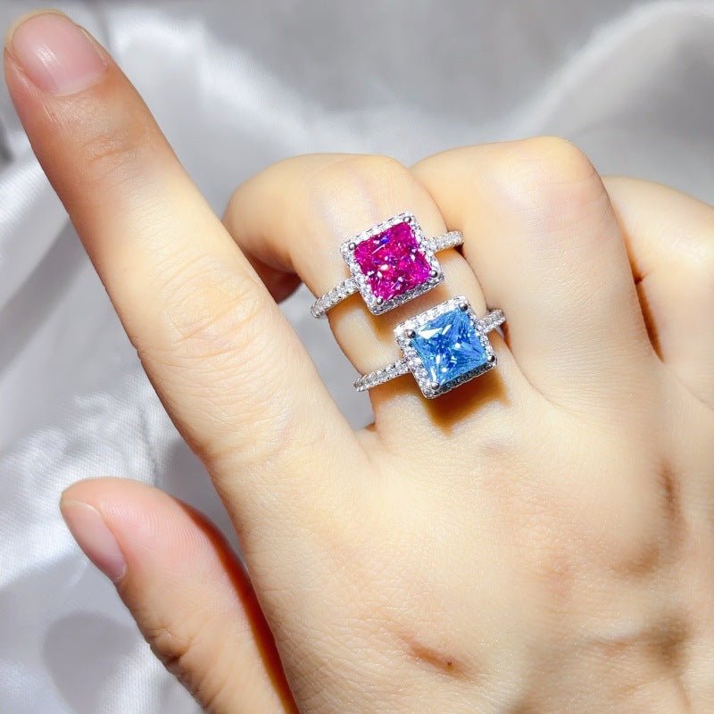 Princess Cut Halo Moissanite Ring for Women, Pink or Blue Engagement Ring, S925 Polished Statement Ring – view 4