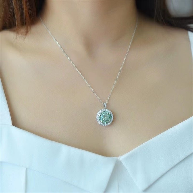 Green Moissanite Halo Pendant Necklace, Round Cut Sparkling Jewelry for Women – view 4