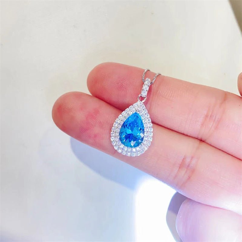 Blue Teardrop Moissanite Pendant Necklace Halo Clavicle Chain – view 4