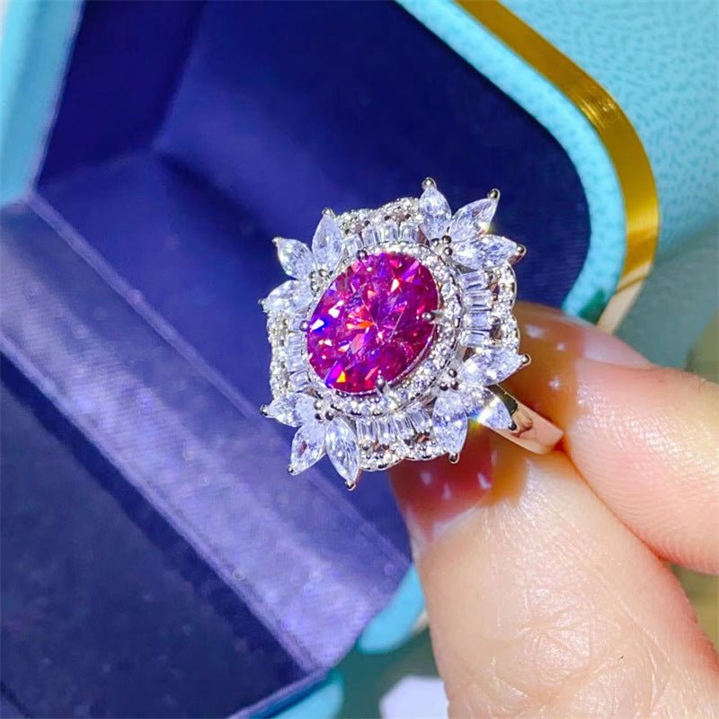 Oval Moissanite Halo Ring for Women, 2 Carat Colored Engagement Ring, Geometric U Shape Statement Ring – view 4
