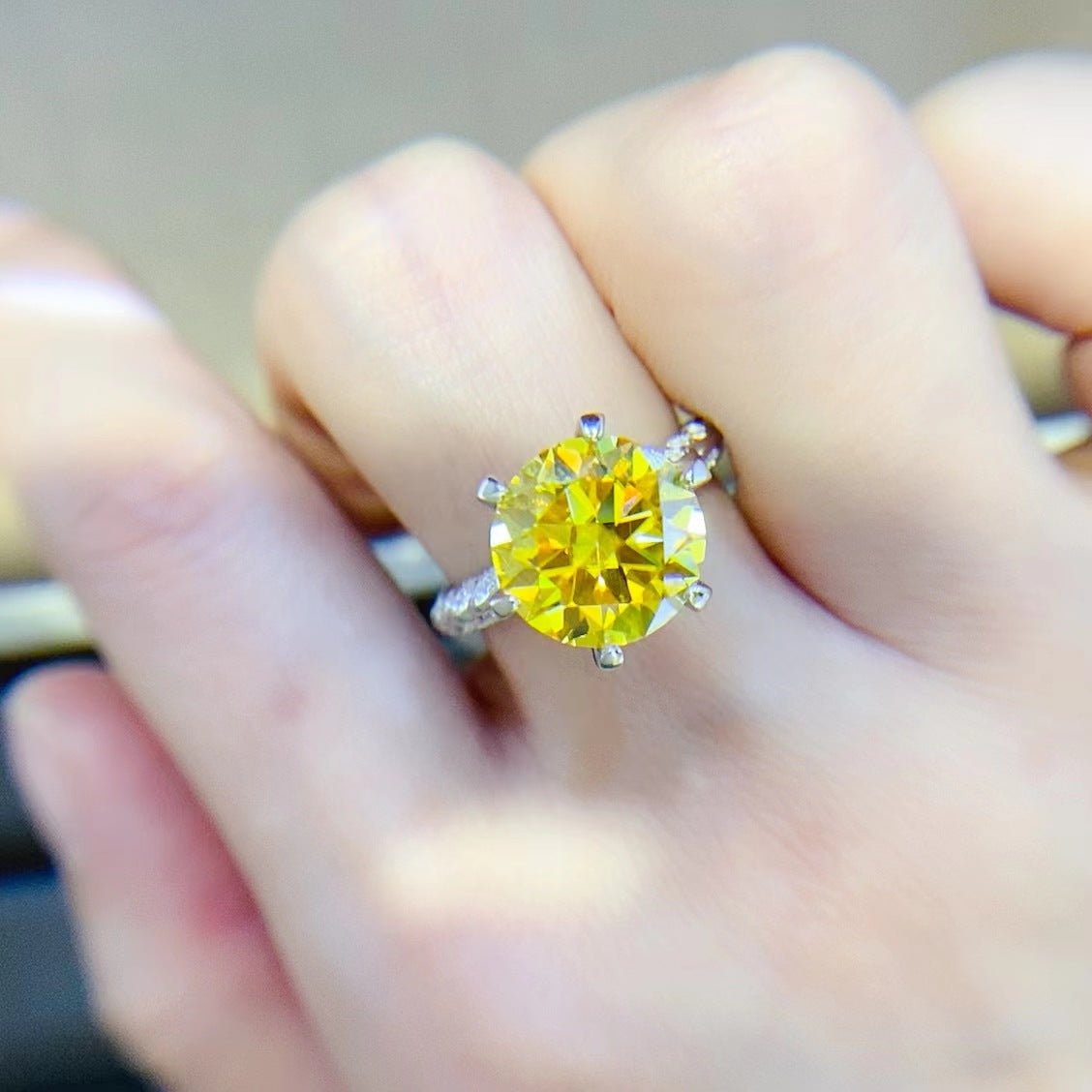 5 Carat Yellow Moissanite Ring for Women, Oval Cut Halo Style Engagement Ring with Pavé Band – view 4