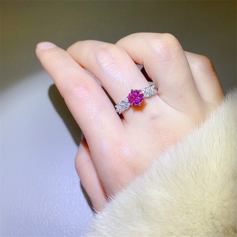 Pink Moissanite Ring for Women, Round Cut Promise Engagement Ring with Lucky Motif Side Detail – view 4