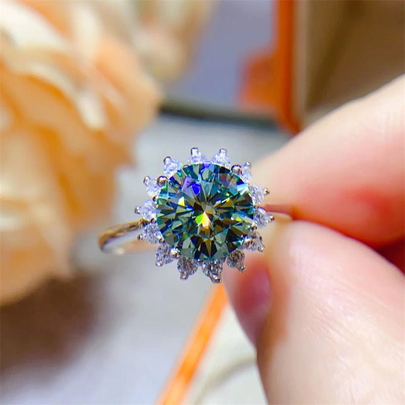 Green Moissanite Sunflower Jewelry Set, Pendant, Ring & Earrings – view 4