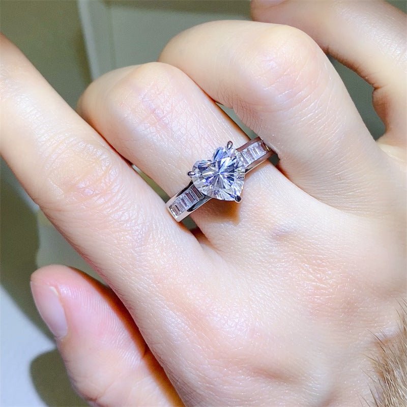 Heart Cut Moissanite Ring with Baguette Side Accents for Women – view 4
