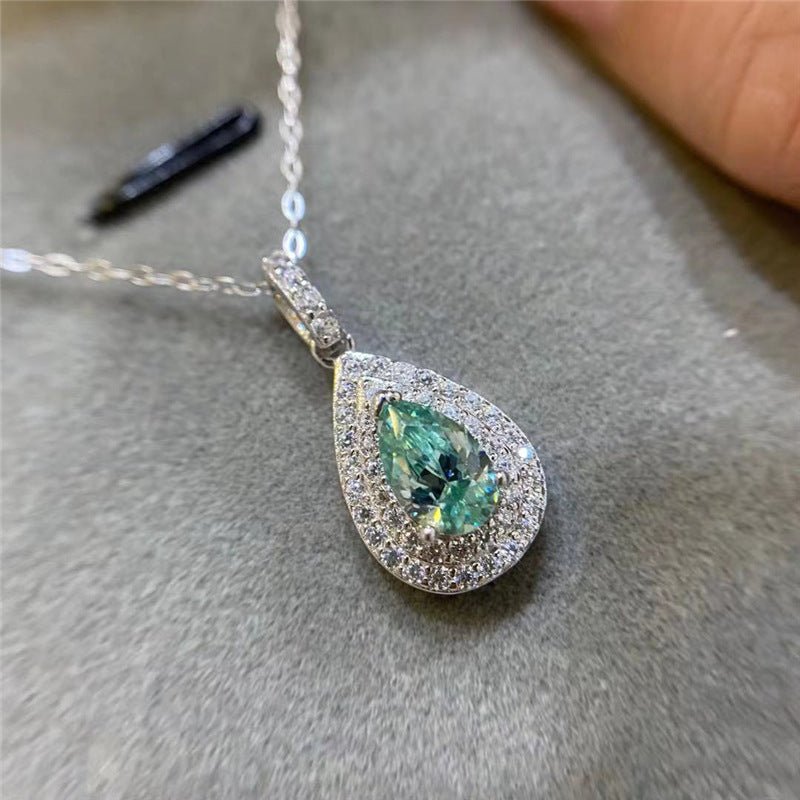 Green Moissanite Teardrop Pendant Necklace, 1 Carat Halo Chain – view 4