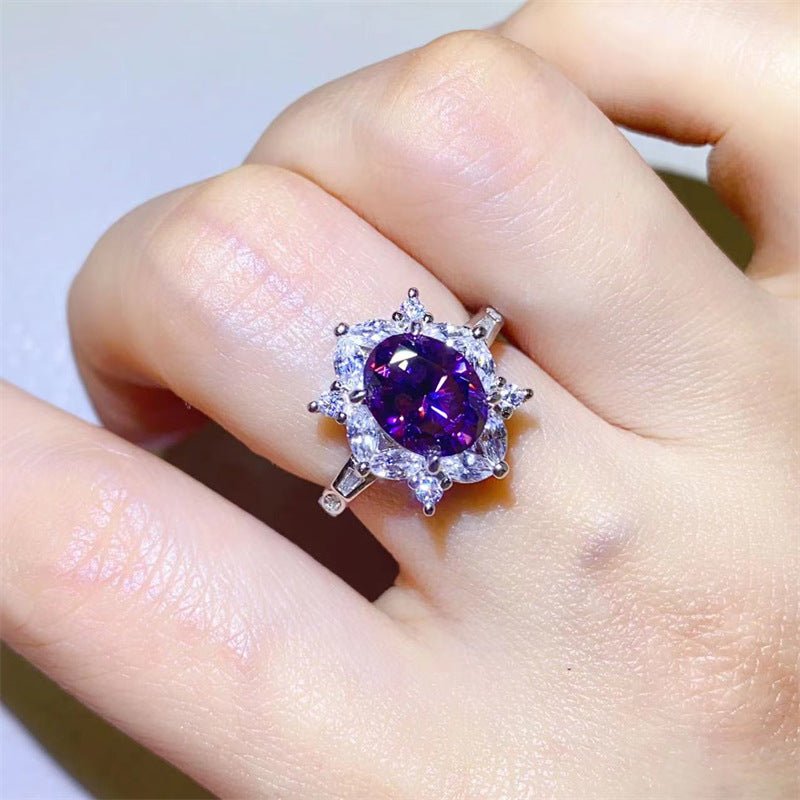Purple Oval Moissanite Ring for Women, 2 Carat Halo Engagement Ring, U-Shaped Statement Ring – view 4
