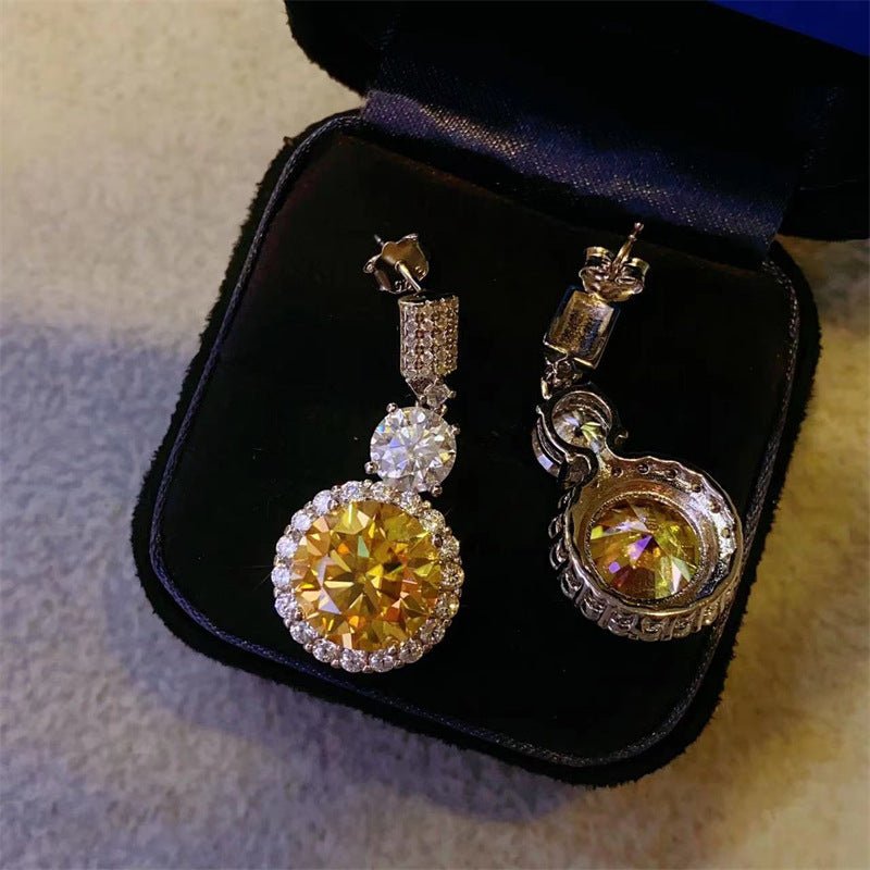 Moissanite Round Halo Drop Earrings, Silver-Tone Dangle Studs with Pavé Top – view 9